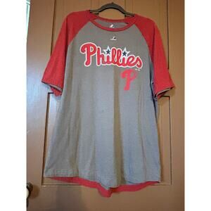 Mens Majestic XL Grey & Red Phillies Tee Shirt